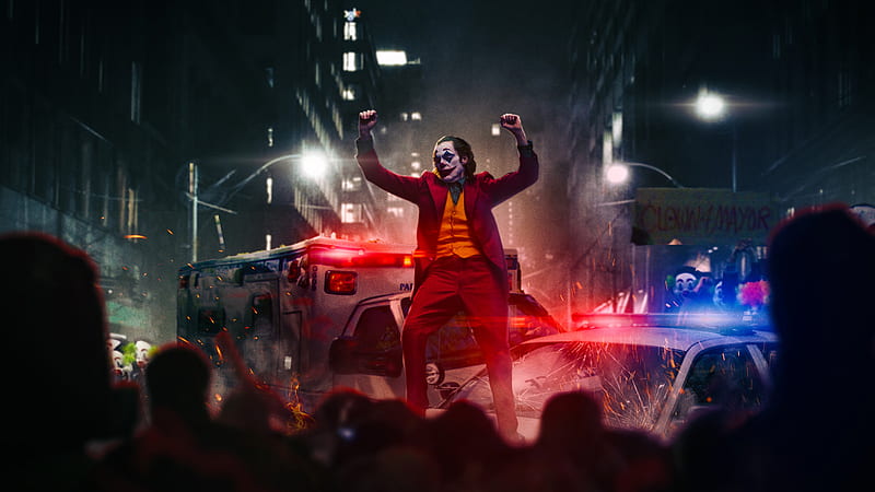 Joker Dancing On Police Car, joker-movie, joker, superheroes, supervillain, artwork, behance, HD wallpaper