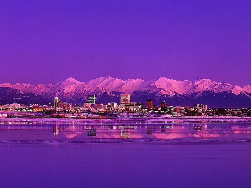 Anchorage, Alaska Skyline in the Evening, graphy, anchorage, purple, alaska, HD wallpaper