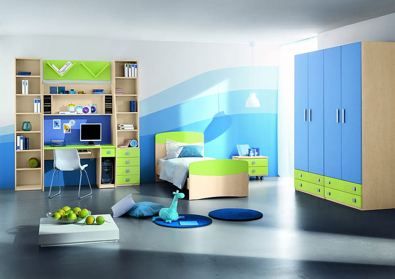 Minimalist Boys Bedroom, boys, home, bedroom, minimalist, gren, blue, style, HD wallpaper