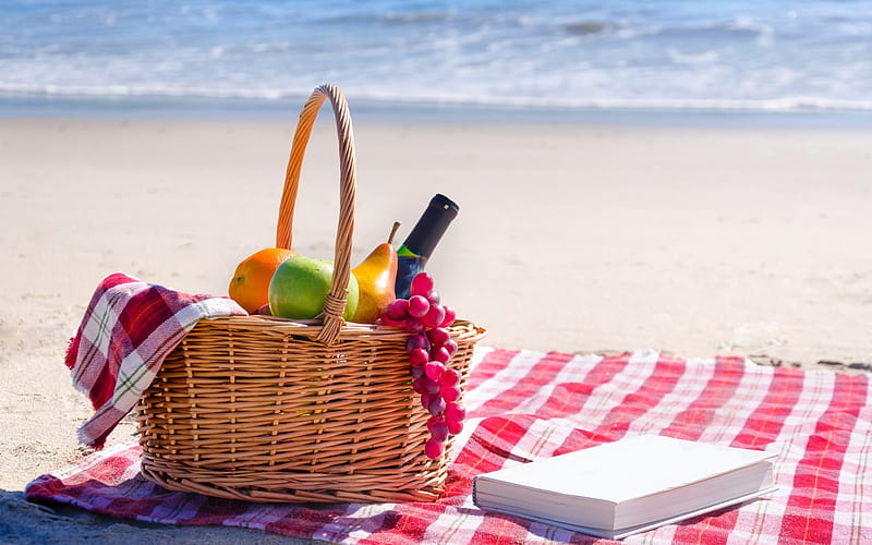 picnic concerts, fruit and wine basket, beach, summer, sand, coast, sea, HD wallpaper