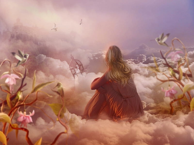 Above the Clouds, vines, birds, flowers, castle, clouds, sky, birds cage, fantasy, girl, beauty, HD wallpaper