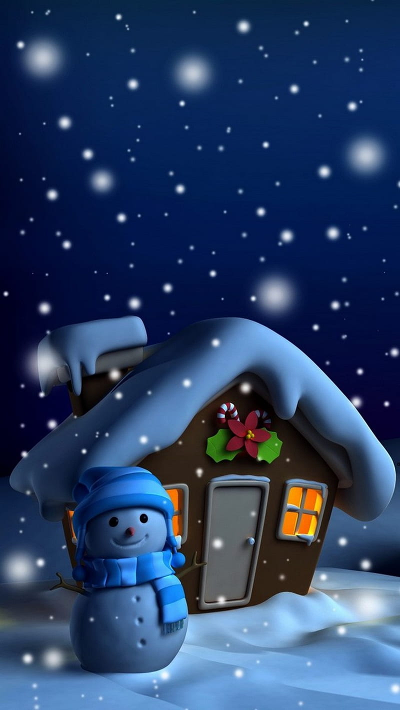 christmas, blue night, frozen, snow, snowman, winter, xmas, HD phone wallpaper