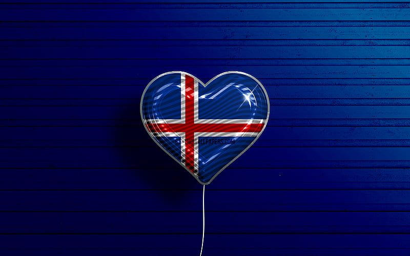 I Love Iceland realistic balloons, blue wooden background, Icelandic flag heart, Europe, favorite countries, flag of Iceland, balloon with flag, Icelandic flag, Iceland, Love Iceland, HD wallpaper