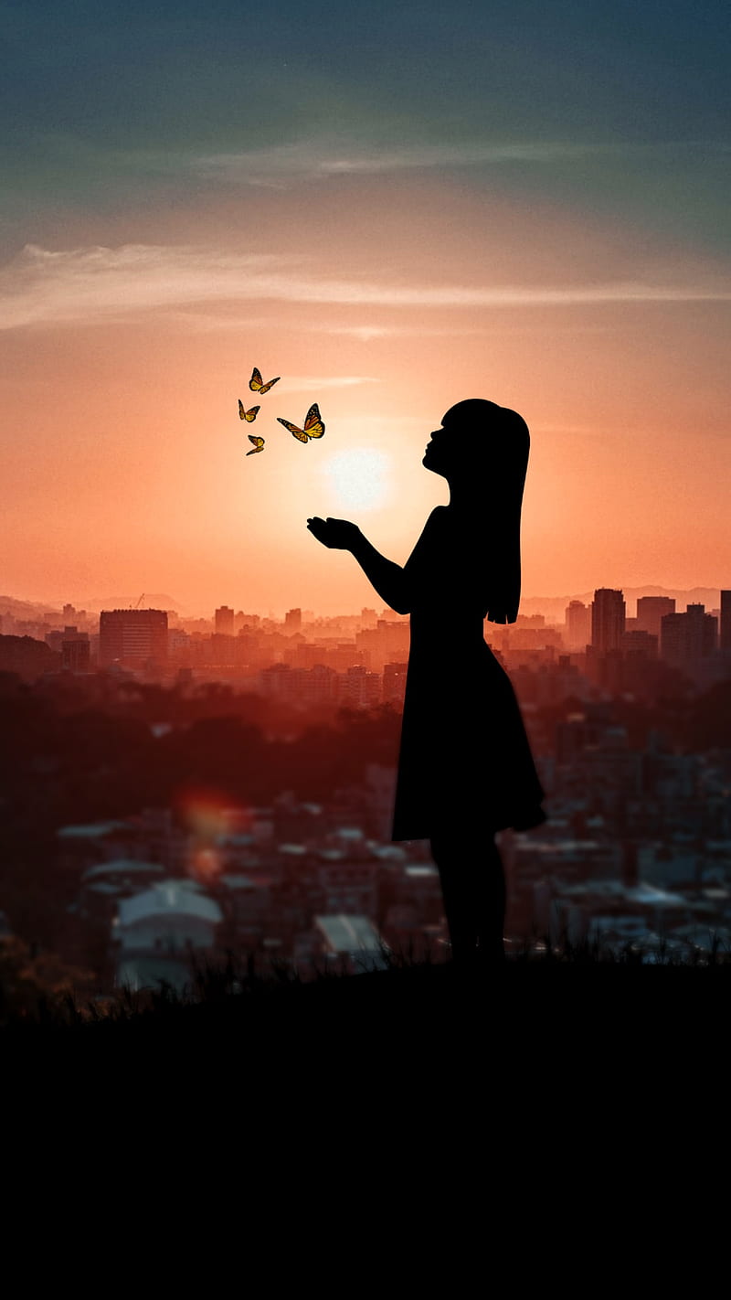 Silhouette, Ozart, animal, butterfly, city, nature, sky, sunset, woman, HD phone wallpaper