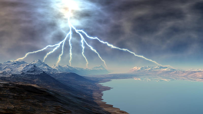 lightning on the mountains, fantasy, lightning, lake, mountains, HD wallpaper