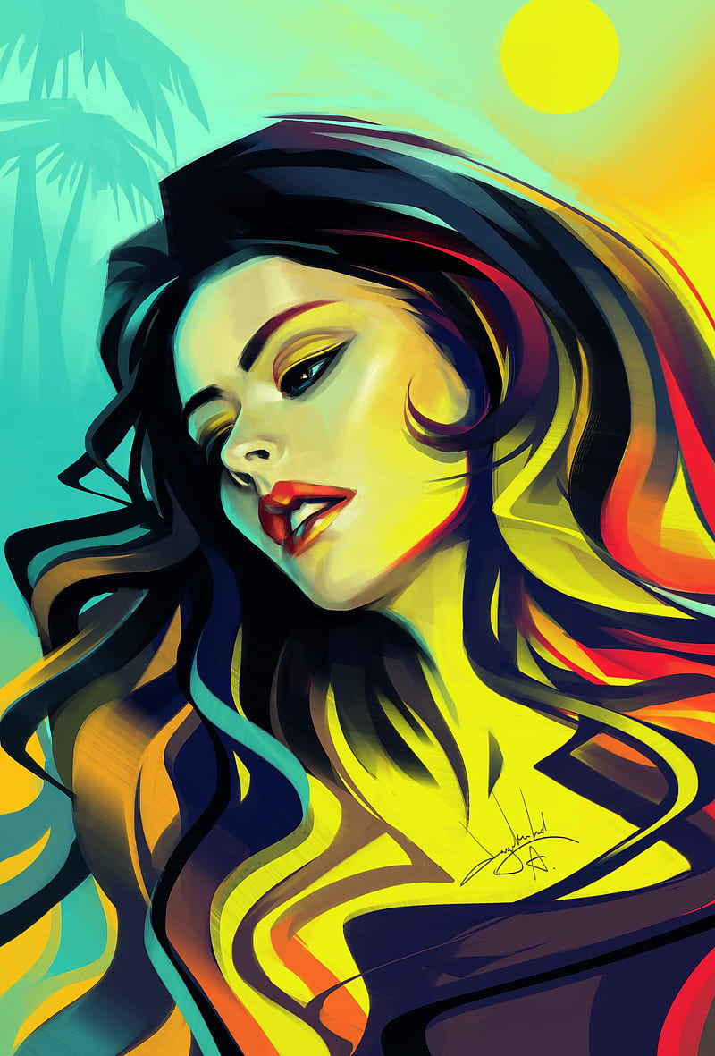 women, long hair, face, red lipstick, dark hair, Sun, portrait, artwork, ArtStation, HD phone wallpaper