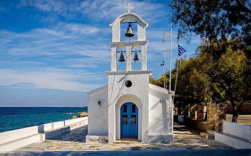 Chapel in Aigina Island, Greece, Greece, chapel, sea, bells, island, HD wallpaper
