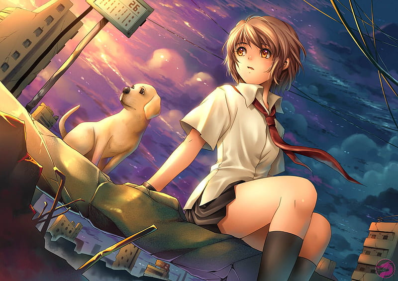 Anime Girl, girl, anime, school girl, dog, HD wallpaper