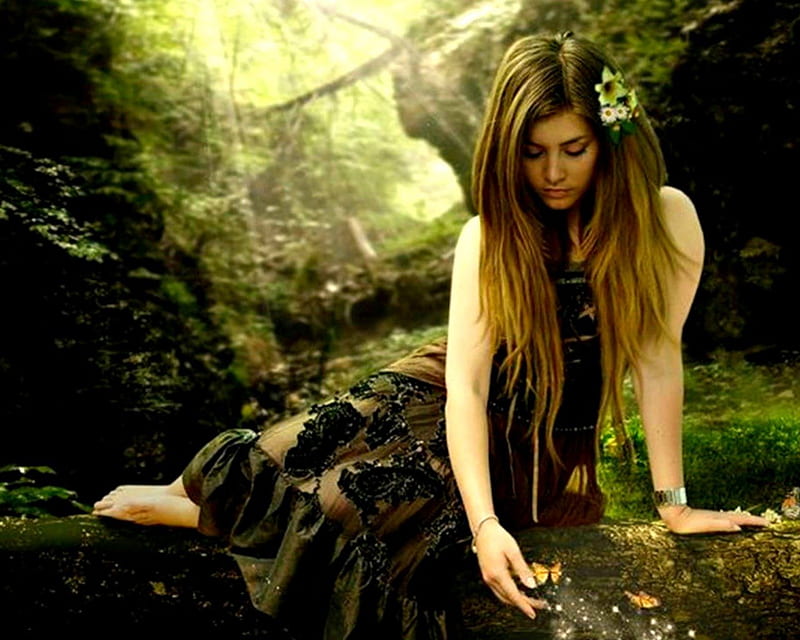 Contemplation, forest, rocks, art, fantasy, river, long hair, woman, HD wallpaper