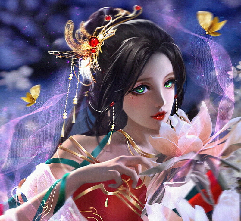 Fantasy girl, hand, flower, superb, art, frumusete, lotus, mo yuan ...