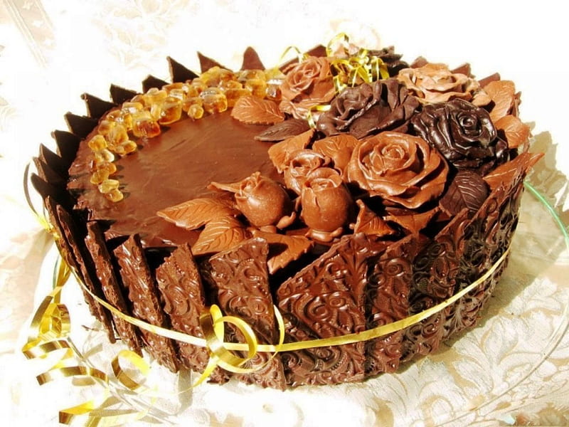 Delicious chocolate cake, cake, delicious, celebration, chocolate, beautifully, special day, roses, abstract, dessert, decorated, flowes, tasty, other, HD wallpaper