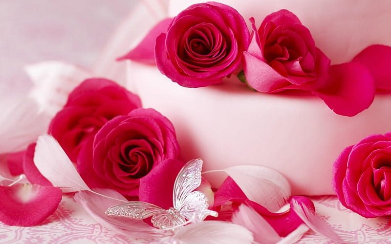 Happy Valentine's Day!, cake, red, butterfly, rose, pink, sweet, HD wallpaper