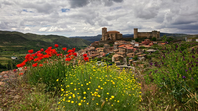 Man Made, Village, Castle, Flower, Poppy, Spain, HD wallpaper