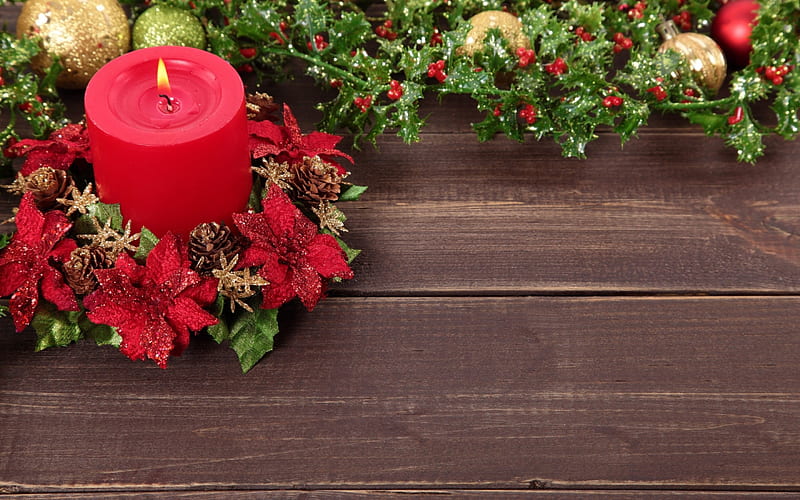 Happy Holidays!, red, candle, craciun, green, christmas, brown, wood, HD wallpaper