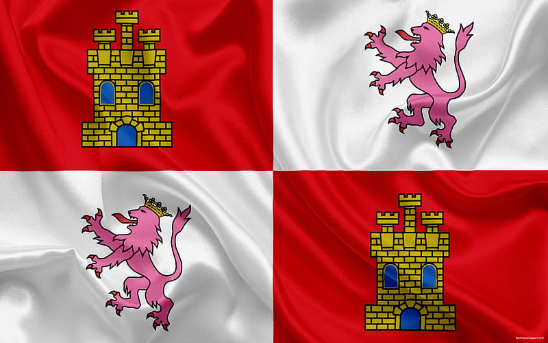 Flag of Castilla and Leon, autonomous community, province, Spain, silk flag, coat of arms, HD wallpaper