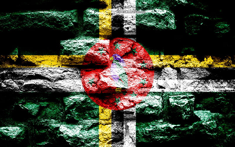 Dominica flag, grunge brick texture, Flag of Dominica, flag on brick wall, Dominica, Europe, flags of North America countries, HD wallpaper