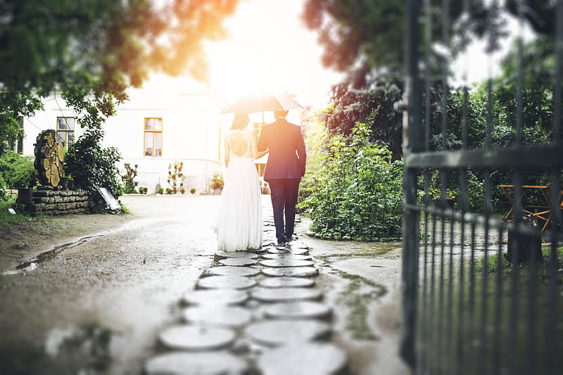 bride and groom walking on pathway, HD wallpaper
