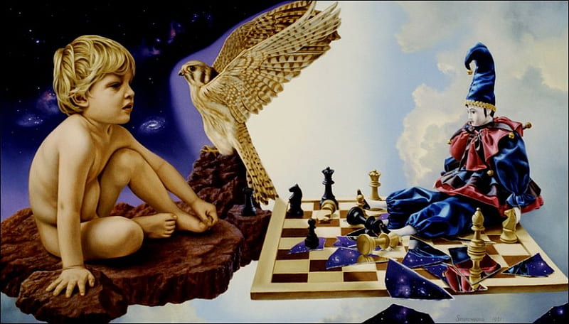 The Confrontation, falcon, child, space, chess, HD wallpaper