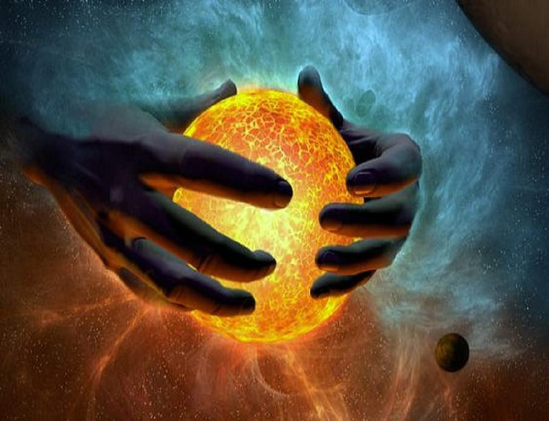 Creation, hands, glowing globe, blue clouds, planet, orange color, mist, HD wallpaper