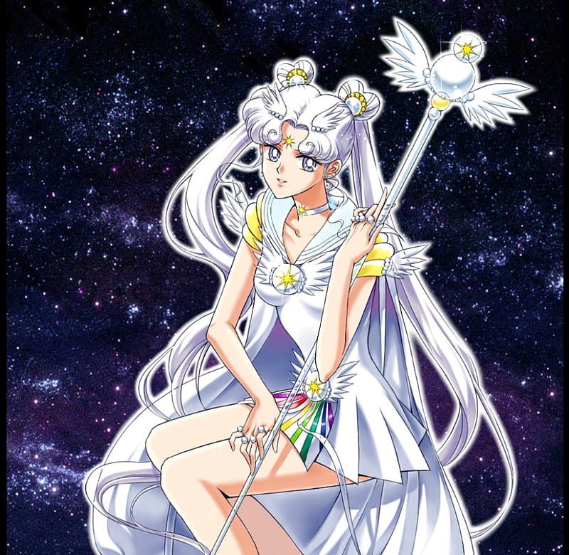 Sailor Cosmos, staff, cg, white hair, space, magic, fantasy, anime, sailor moon, beauty, anime girl, cosmos, weapon, long hair, twintail, gown, sit dress, bonito, sublime, elegant, magical girl, t, sailormoon, gorgeous, female, rod, twintails, twin tails, girl, sitting, silver hair, HD wallpaper