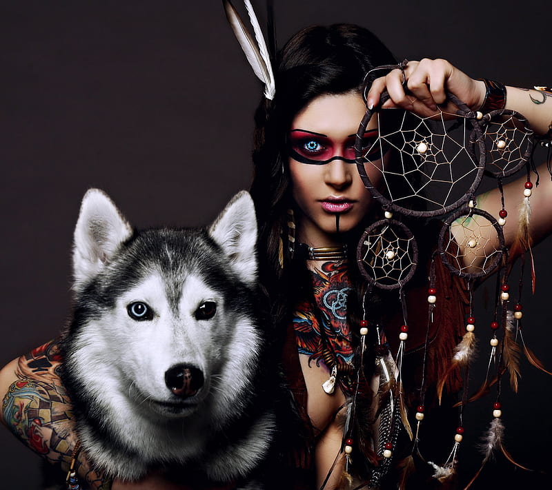 Native american, dream catcher, feather, husky, tattoo, HD wallpaper