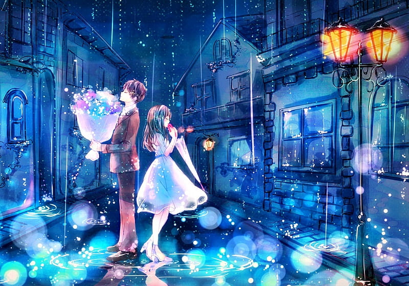 Rainy Night, Original, Lantern, Manga, Girlman, Boy, Anime, Rain, Couple,  Light, Hd Wallpaper | Peakpx