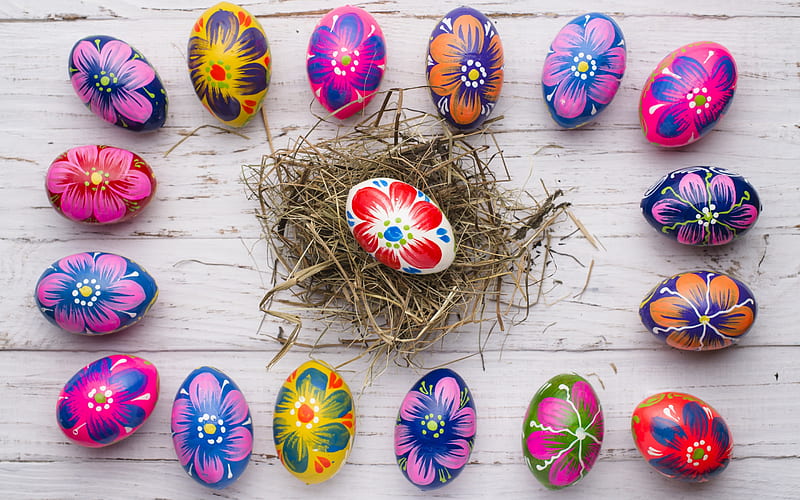 Painted Easter eggs, decoration, Easter, spring, nest, gray boards, painted flowers on eggs, HD wallpaper