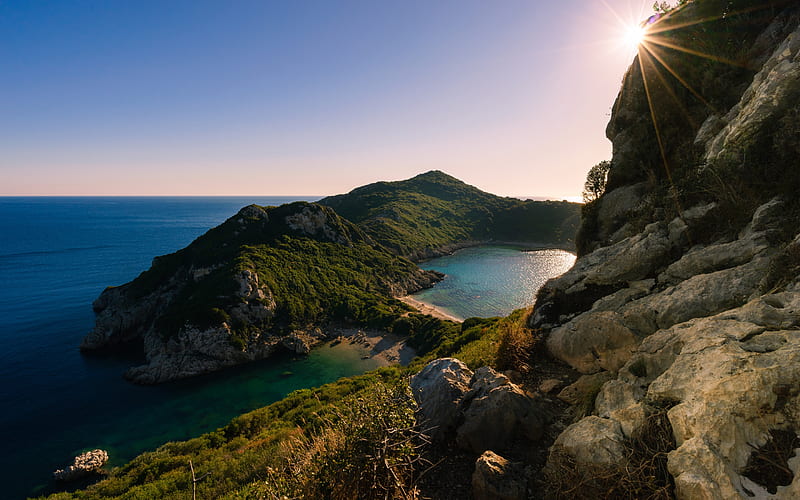 Korfu, greek island, Kerkyra, Ionian Sea, evening, bay, sunset, seascape, Ionian island, Greece, HD wallpaper
