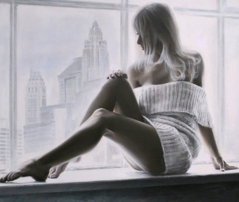 contemplation, graphy, window, gris, white, woman, HD wallpaper