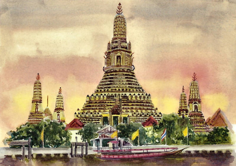 Schwe Dagon Pagoda 1, architecture, art, Burma, artwork, pagoda, painting, Yangon, wide screen, scenery, landscape, HD wallpaper