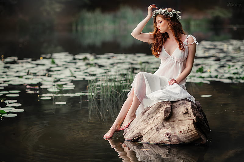 White Dress Girl Pond Side, girls, model, HD wallpaper