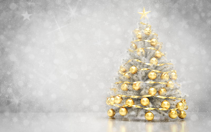 Christmas tree, golden balls, New Year, silver Christmas background, Happy Christmas, background for postcard, HD wallpaper