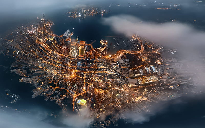 Hong Kong, China, view from above, aero view, night, skyscrapers, metropolis, city lights, HD wallpaper