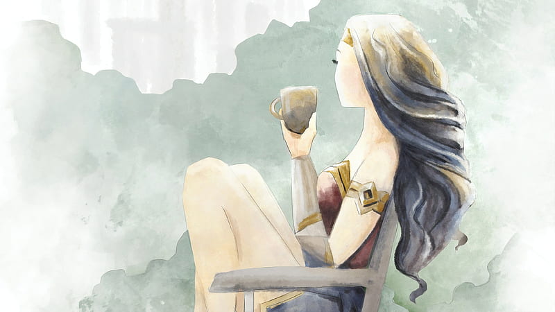 Wonder Woman Enjoying Coffee Digital Art , wonder-woman, superheroes, artist, artwork, digital-art, HD wallpaper