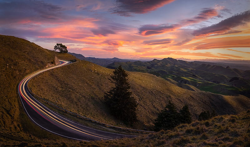 Man Made, Road, Hill, Mountain, New Zealand, Sunset, Time-Lapse, HD wallpaper