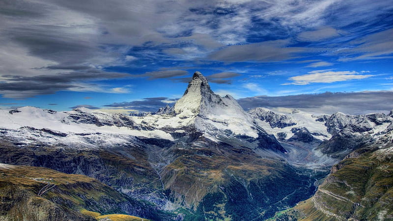 the great matterhorn in the swiss alps, range, clouds, valley, mountains, HD wallpaper