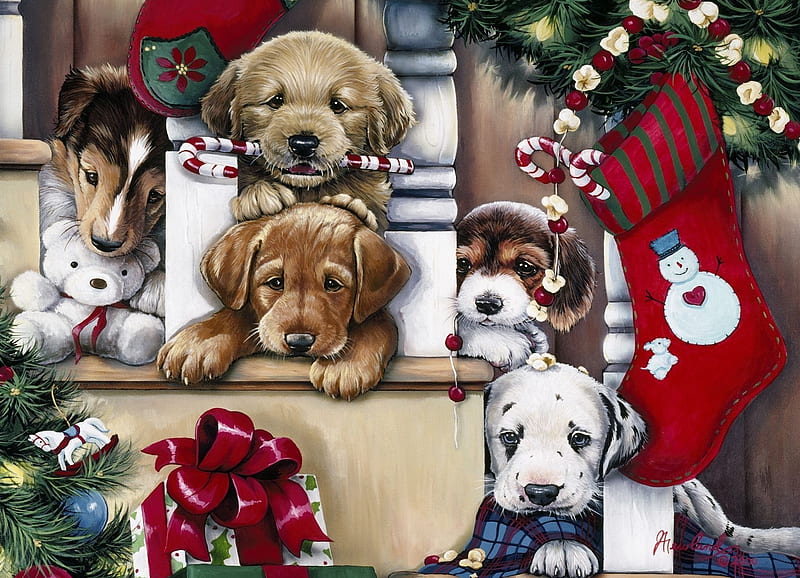Christmas puppies, art, craciun, christmas, caine, cute, painting, jenny newland, pictura, puppy, dog, HD wallpaper
