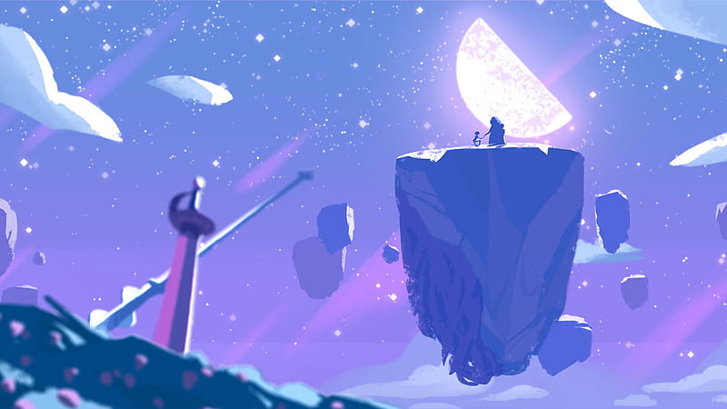 Steven Universe Pearl And Rose Quartz On Floating Island With Background Of Bright Half Moon And Purple Blue Skin With Stars Movies, HD wallpaper