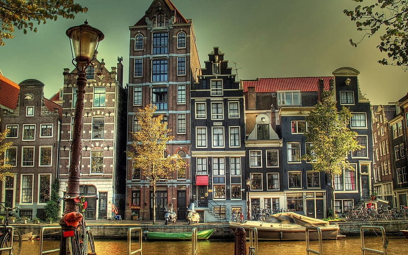 amsterdam, channel, boats, promenade, netherlands, HD wallpaper