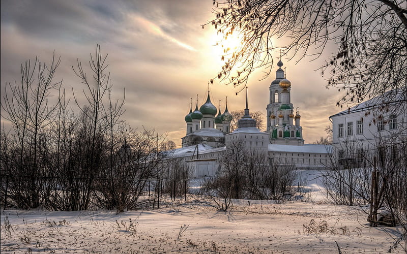 amazing orthodox churches in winter, domes, churches, trees, sky, winter, HD wallpaper
