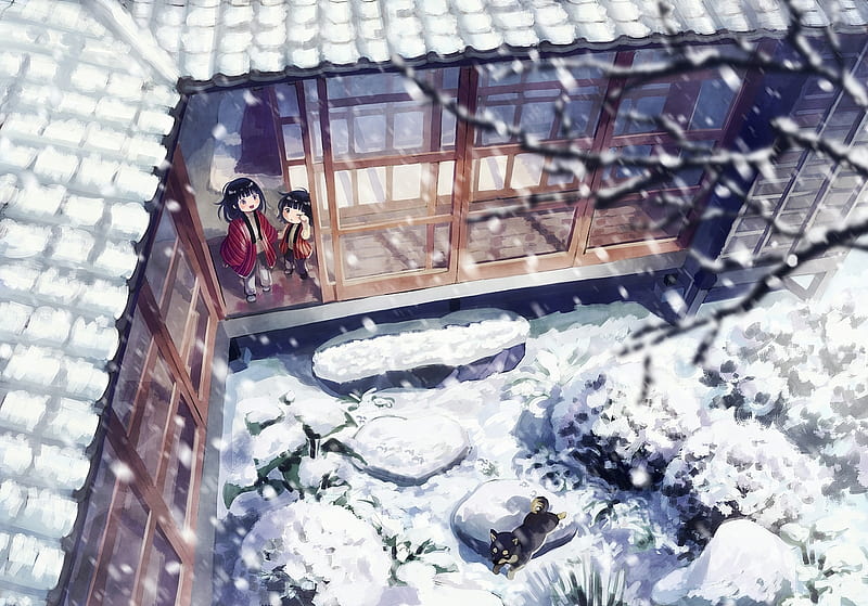 Enjoying The Fresh Snow, Family, Japanese Clothes, Anime, Blushing, Japanese House, Dog, Snow, Tree, Anime Girl, House, HD wallpaper