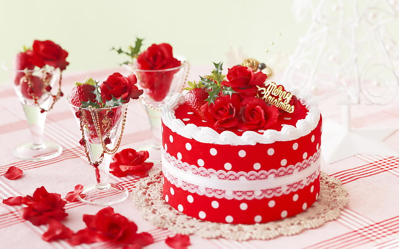 Christmas cake, cake, red, christmas, rose, flowers, roses, HD wallpaper