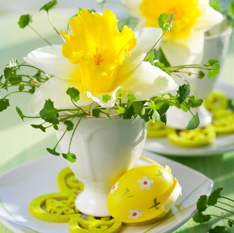 Simply beautiful , table, holidays, fresh, decoration, yellow, egg, Easter, flowers, daffodil, HD wallpaper