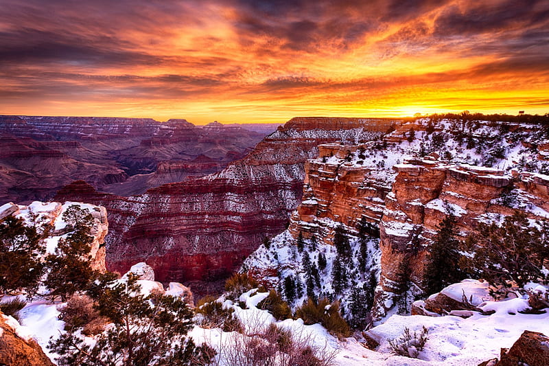 Grand Canyon, Flagstaff, Arizona, sun, snow, mountains, sunset, sky, winter, HD wallpaper
