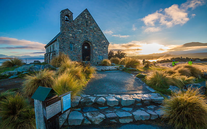Lake Tekapo, church, Mackenzie District, evening, sunset, lake, stone church, New Zealand, HD wallpaper