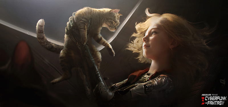 :), fantasy, luminos, girl, blonde, tian zi, cat, pisici, HD wallpaper