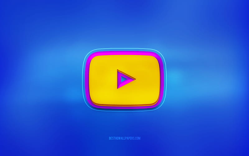 YouTube 3d logo, blue background, YouTube, multicolored logo, YouTube logo, 3d emblem, HD wallpaper