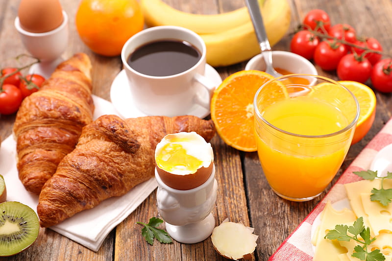croissant, orange juice, egg, coffee, breakfast, Food, HD wallpaper