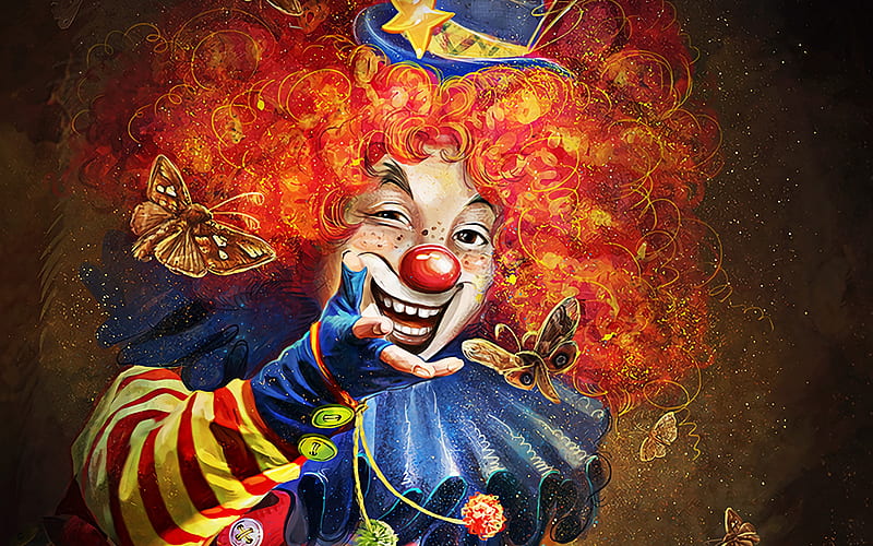 clown with butterflies, artwork, smiling clown, ginger clown, creative, clowns, HD wallpaper