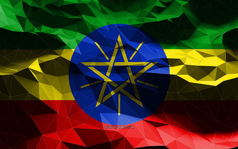 Ethiopian flag, low poly art, African countries, national symbols, Flag of Ethiopia, 3D flags, Ethiopia, Africa, Ethiopia 3D flag, Ethiopia flag, HD wallpaper